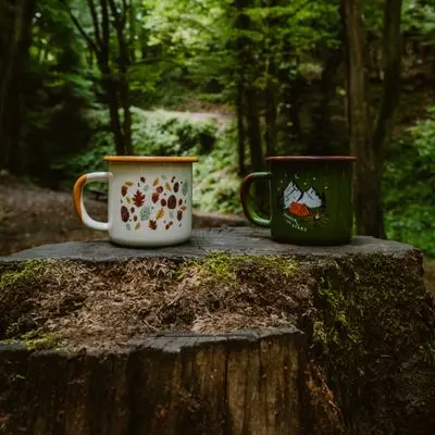 Two enamel camp mugs on a tree stump in a forest